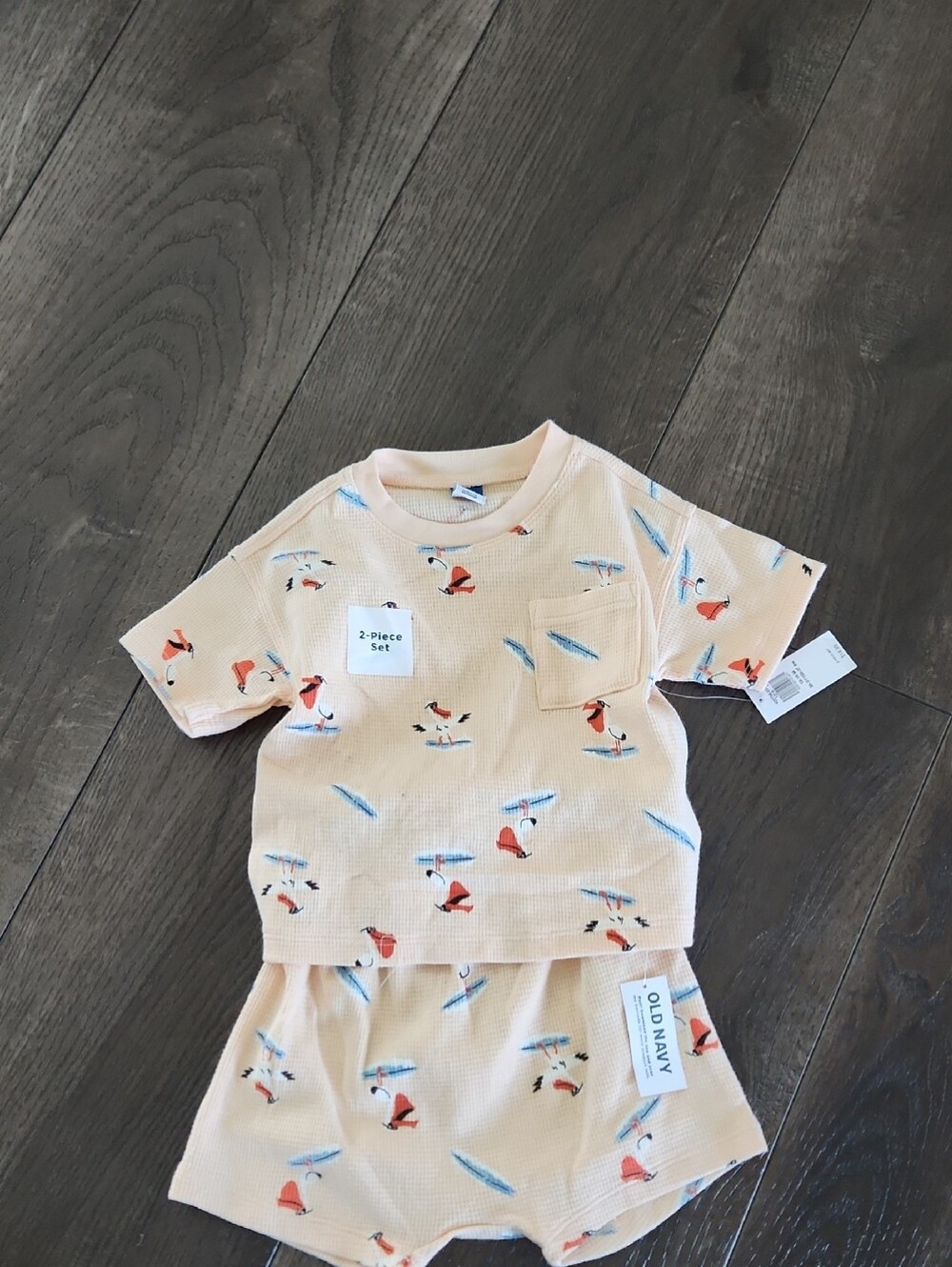 Old Navy Peach Waffle-Knit Kids Matching Set with Orange and Blue Surf Print